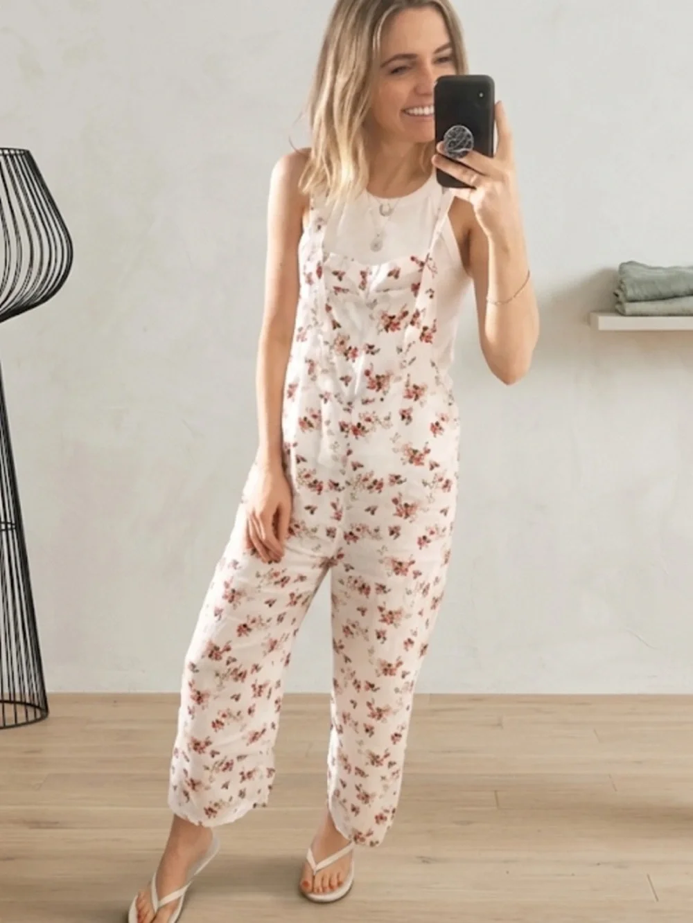 Zara Linen White Pink Rose Floral Wide Leg Overalls Size Small